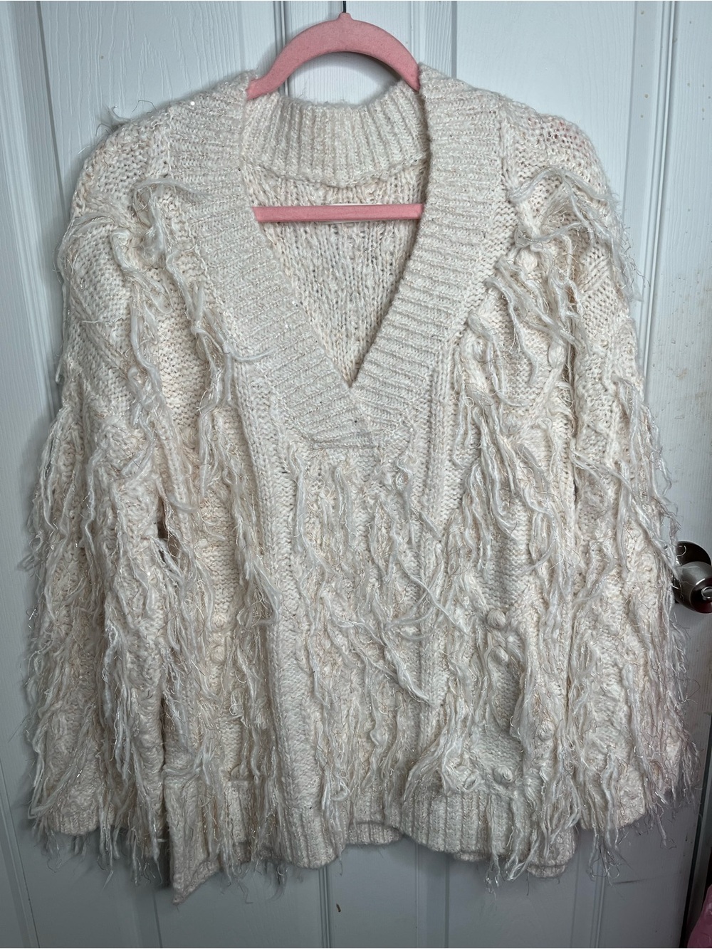 Anthropologie Cream Fringe V-Neck Sweater